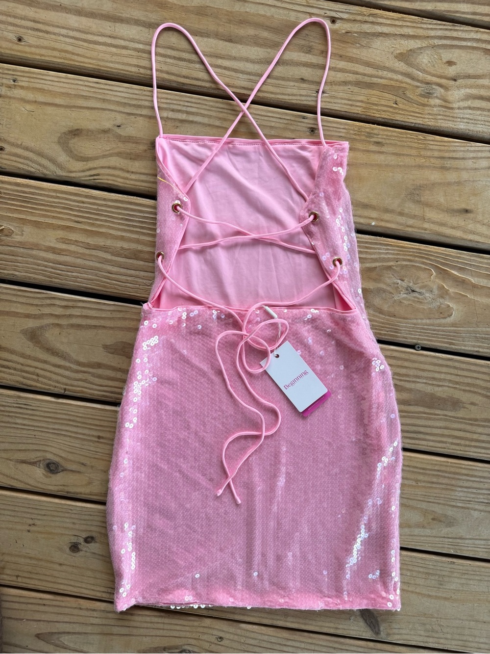 Beginning Boutique Pink Sequin Lace-Up Back Mini Dress | Size US 6 | NWT - Picture 4 of 8